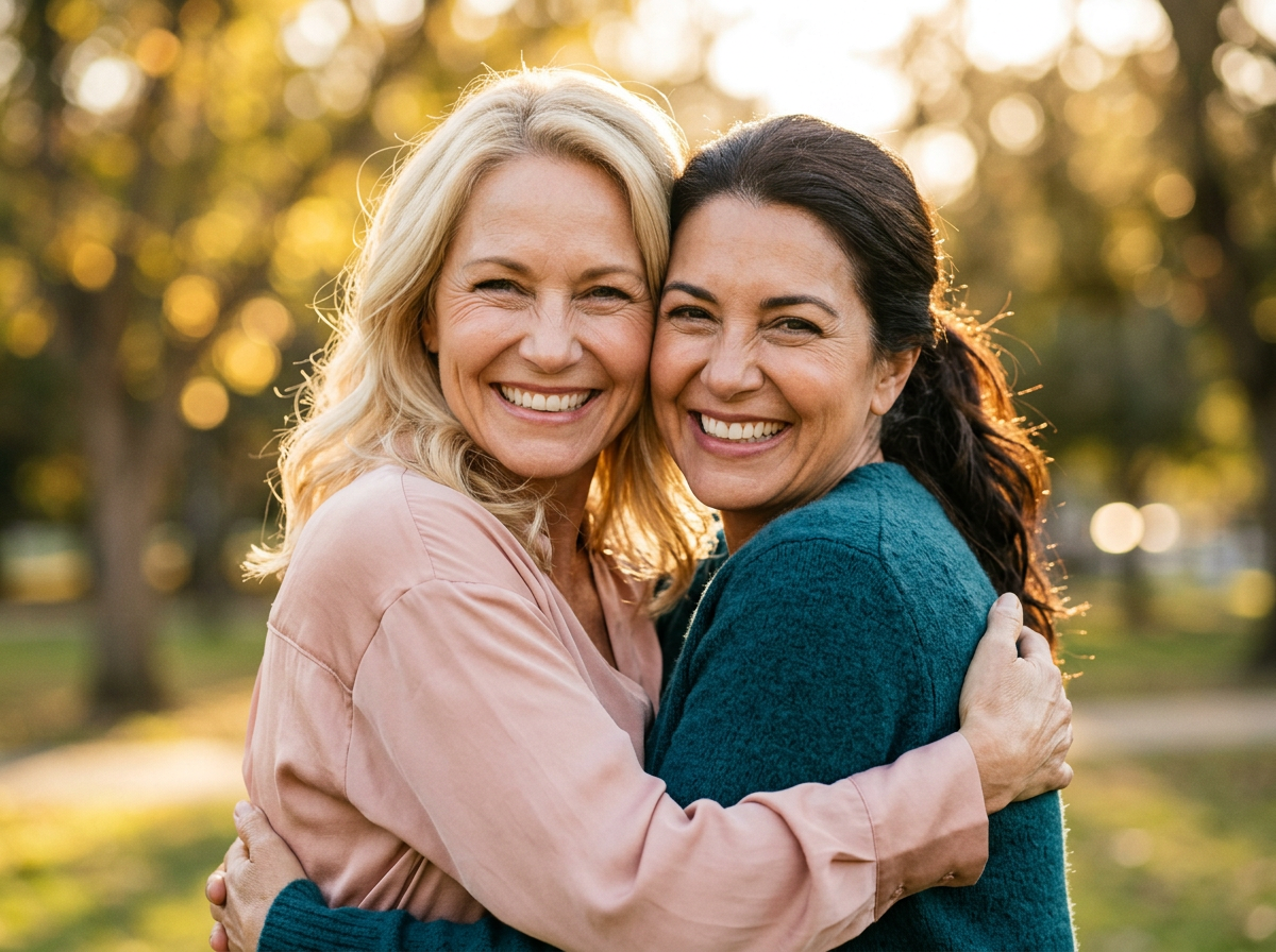 Two women hugging joyfully