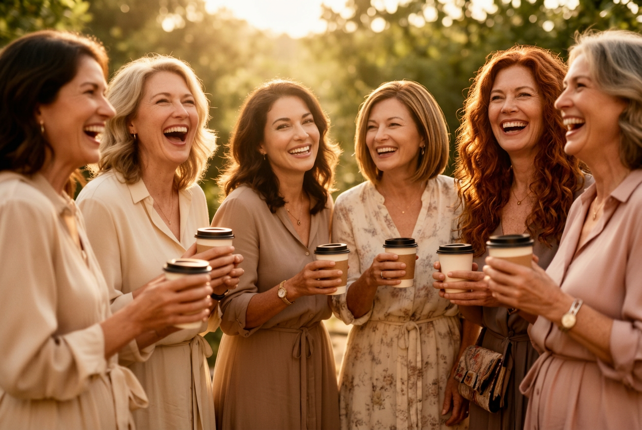 Friends laughing together in golden light