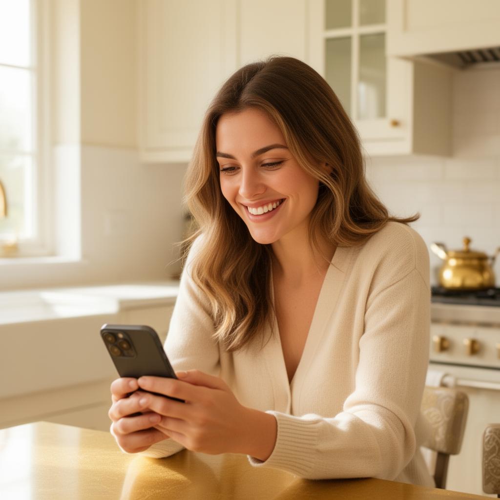 Woman smiling at phone